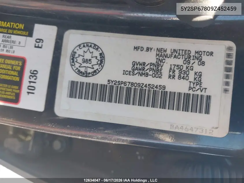 2009 Pontiac Vibe VIN: 5Y2SP67809Z452459 Lot: 12634047