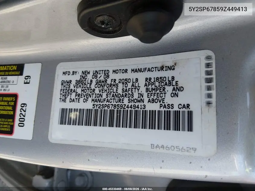 2009 Pontiac Vibe VIN: 5Y2SP67859Z449413 Lot: 45330469