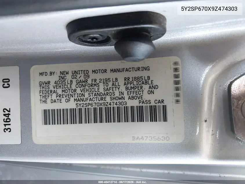 2009 Pontiac Vibe VIN: 5Y2SP670X9Z474303 Lot: 45412714