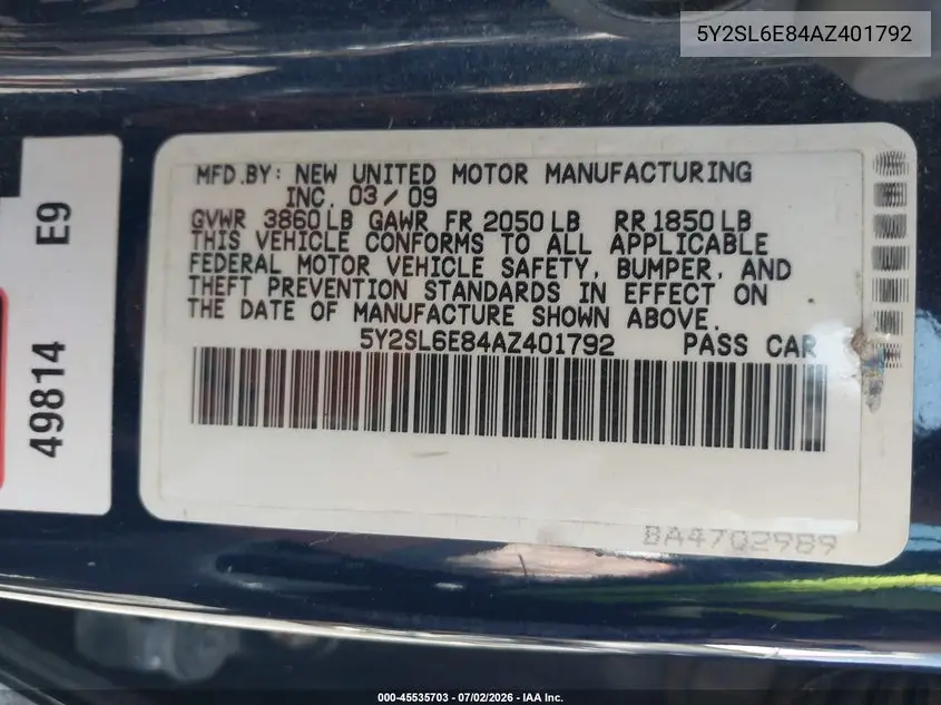 2010 Pontiac Vibe VIN: 5Y2SL6E84AZ401792 Lot: 45535703