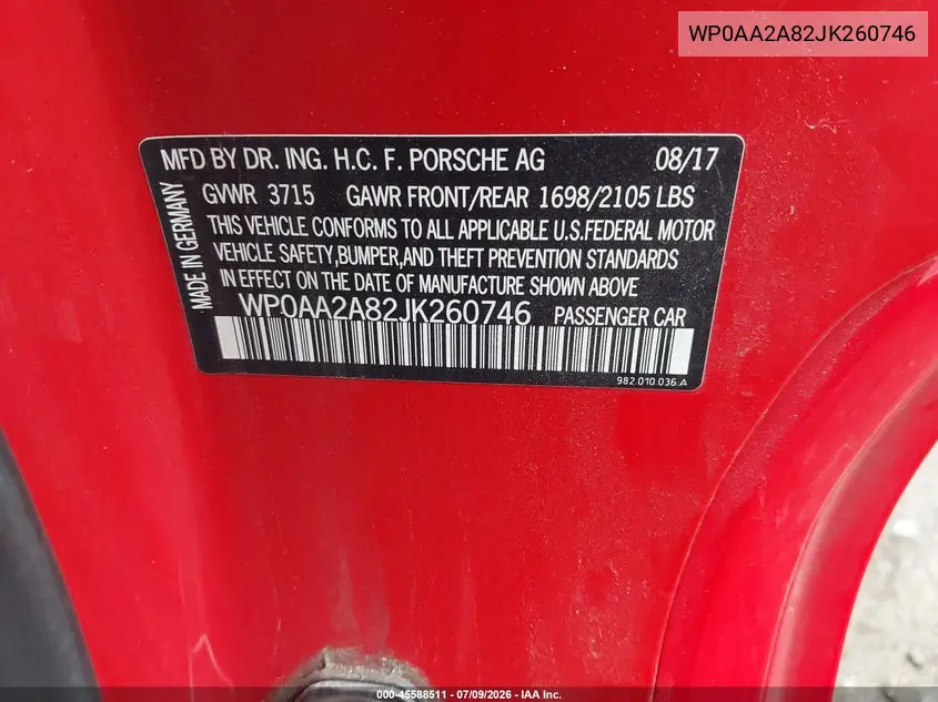 2018 Porsche 718 Cayman VIN: WP0AA2A82JK260746 Lot: 45588511