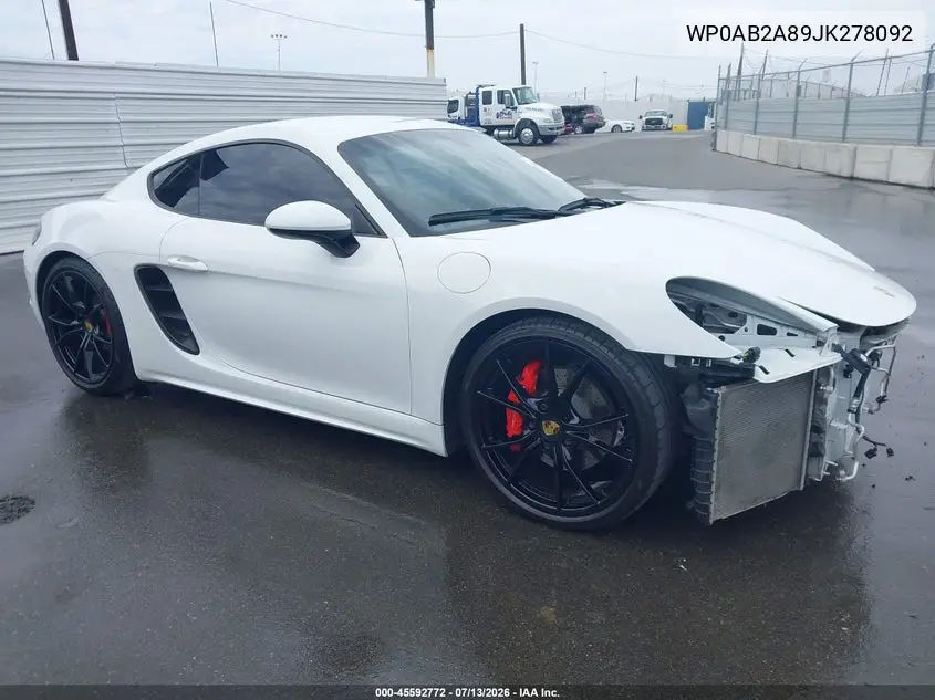 2018 Porsche 718 Cayman S VIN: WP0AB2A89JK278092 Lot: 45592772