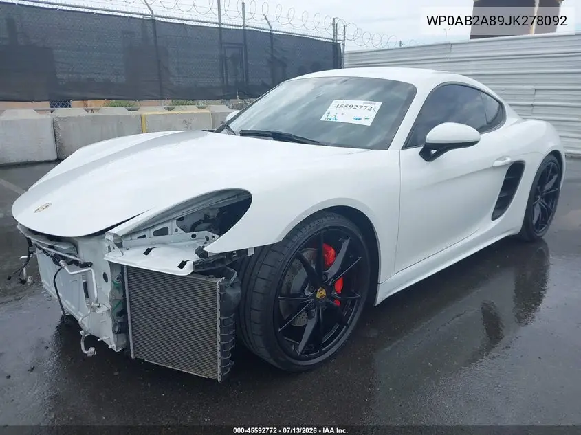 2018 Porsche 718 Cayman S VIN: WP0AB2A89JK278092 Lot: 45592772