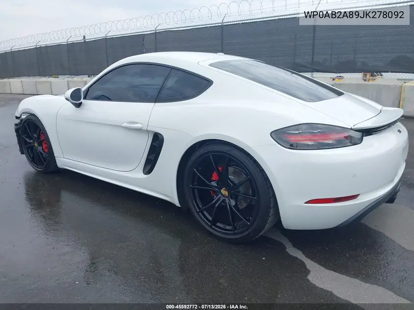 2018 Porsche 718 Cayman S VIN: WP0AB2A89JK278092 Lot: 45592772
