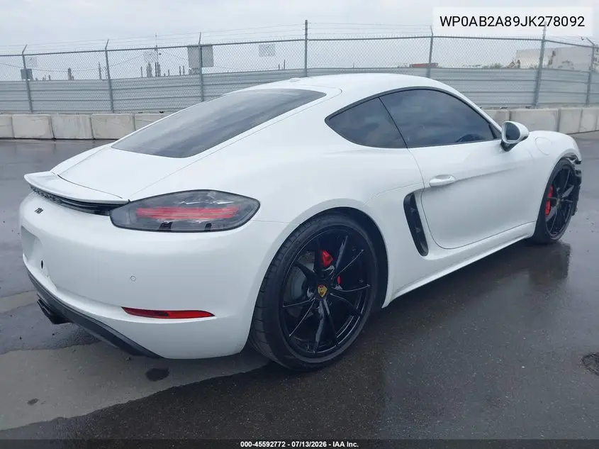 2018 Porsche 718 Cayman S VIN: WP0AB2A89JK278092 Lot: 45592772
