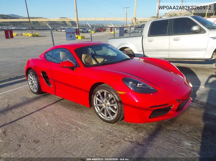 2019 Porsche 718 Cayman VIN: WP0AA2A82KS260912 Lot: 44692525