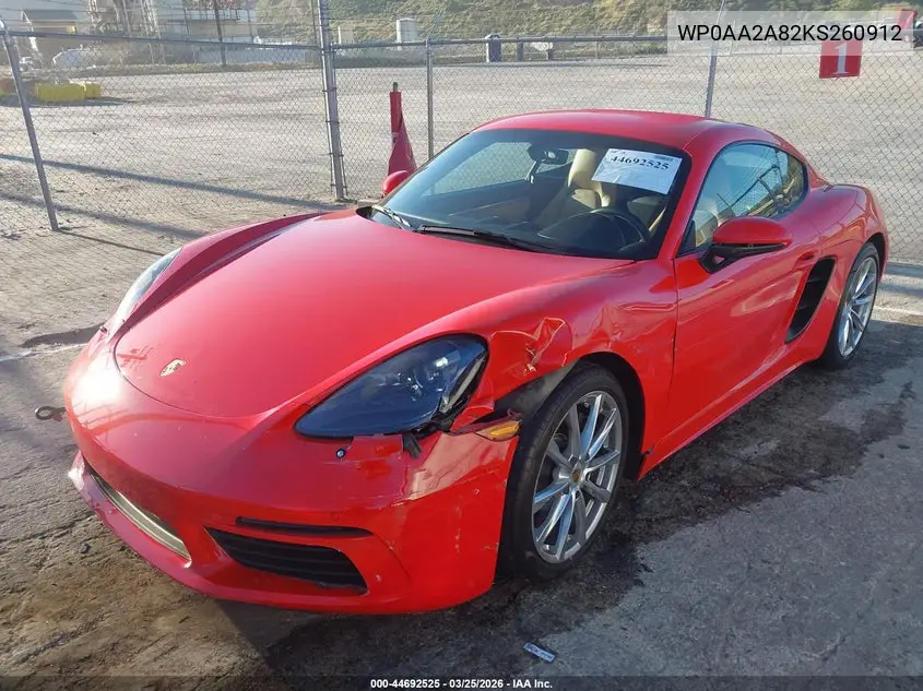 2019 Porsche 718 Cayman VIN: WP0AA2A82KS260912 Lot: 44692525