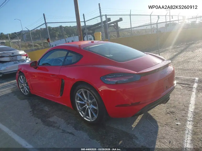 2019 Porsche 718 Cayman VIN: WP0AA2A82KS260912 Lot: 44692525