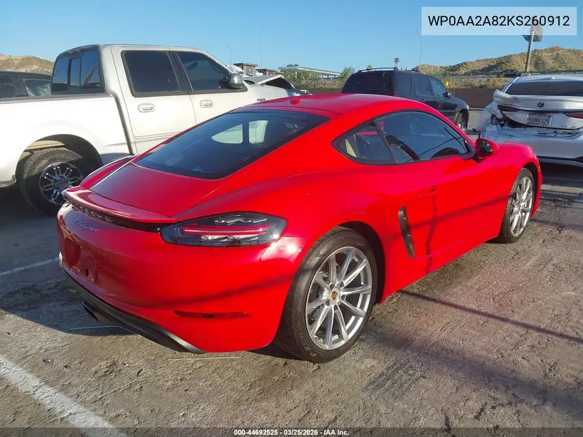 2019 Porsche 718 Cayman VIN: WP0AA2A82KS260912 Lot: 44692525