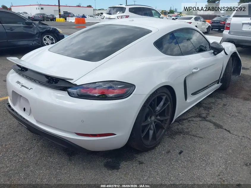 2022 Porsche 718 Cayman T VIN: WP0AA2A80NS255292 Lot: 45027912