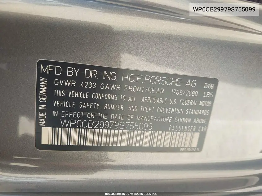 2009 Porsche 911 Carrera S VIN: WP0CB29979S755099 Lot: 45639136