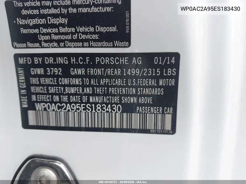2014 Porsche 911 Gt3 VIN: WP0AC2A95ES183430 Lot: 45165721