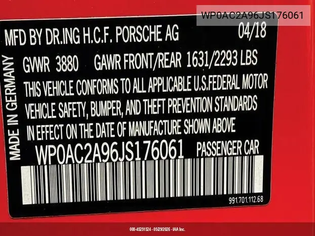 2018 Porsche 911 Gt3 VIN: WP0AC2A96JS176061 Lot: 45251524