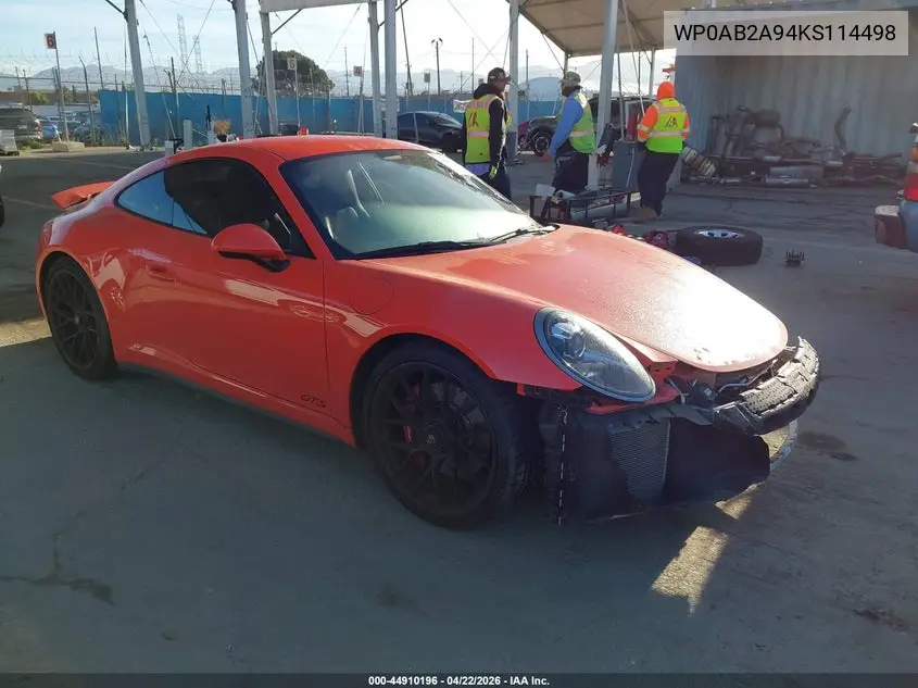2019 Porsche 911 Carrera Gts VIN: WP0AB2A94KS114498 Lot: 44910196