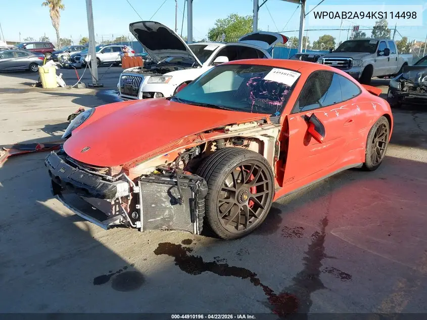 2019 Porsche 911 Carrera Gts VIN: WP0AB2A94KS114498 Lot: 44910196