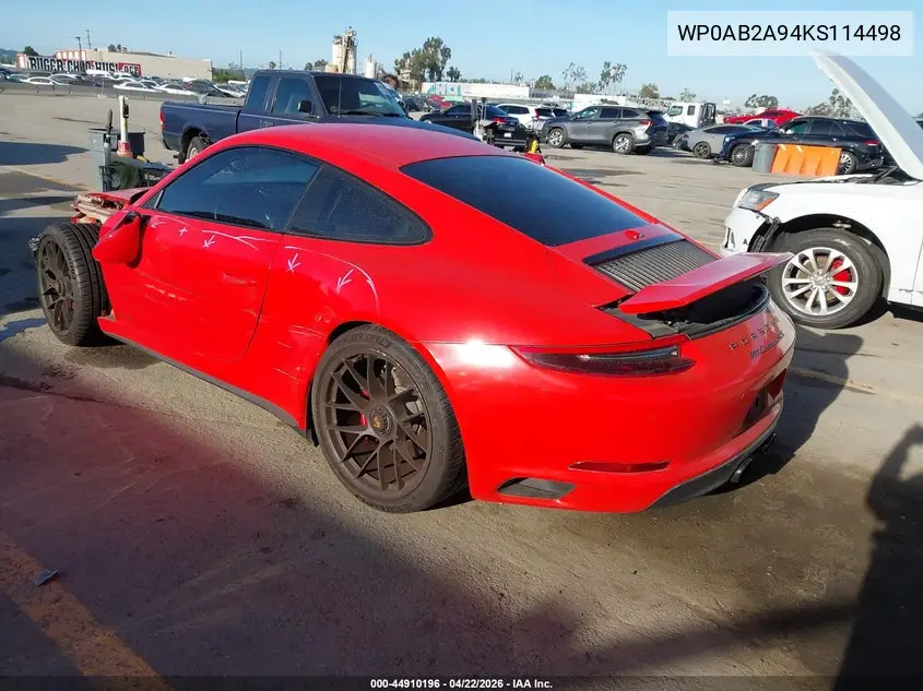 2019 Porsche 911 Carrera Gts VIN: WP0AB2A94KS114498 Lot: 44910196