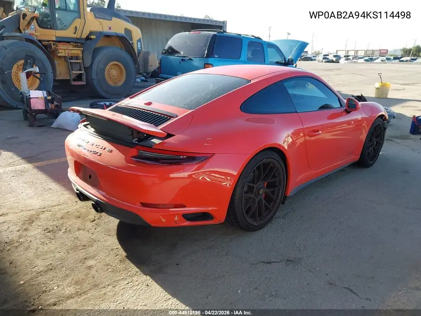 2019 Porsche 911 Carrera Gts VIN: WP0AB2A94KS114498 Lot: 44910196