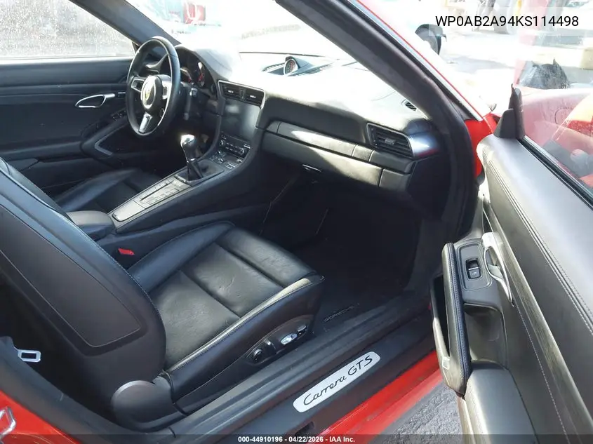 2019 Porsche 911 Carrera Gts VIN: WP0AB2A94KS114498 Lot: 44910196