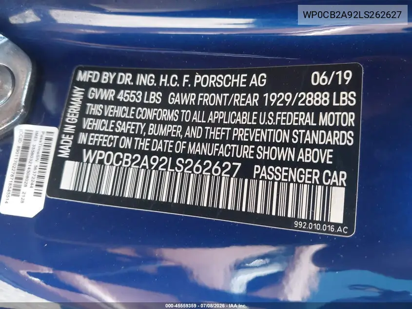 2020 Porsche 911 Carrera 4S Cabriolet VIN: WP0CB2A92LS262627 Lot: 45559359