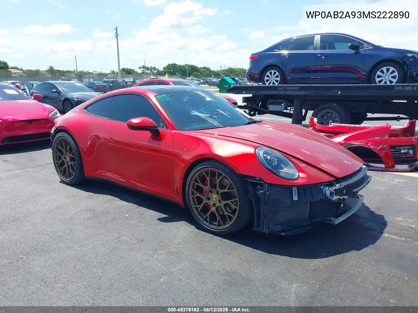 2021 Porsche 911 Carrera 4S/Carrera S VIN: WP0AB2A93MS222890 Lot: 45376162