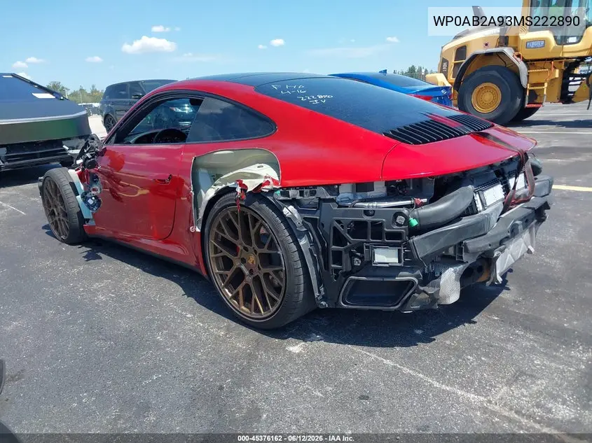 2021 Porsche 911 Carrera 4S/Carrera S VIN: WP0AB2A93MS222890 Lot: 45376162