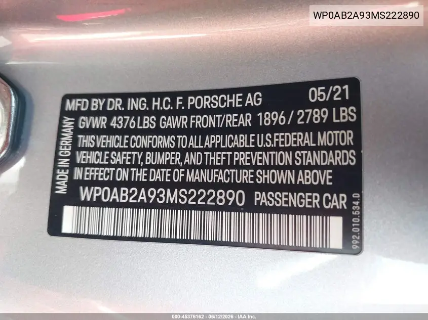 2021 Porsche 911 Carrera 4S/Carrera S VIN: WP0AB2A93MS222890 Lot: 45376162