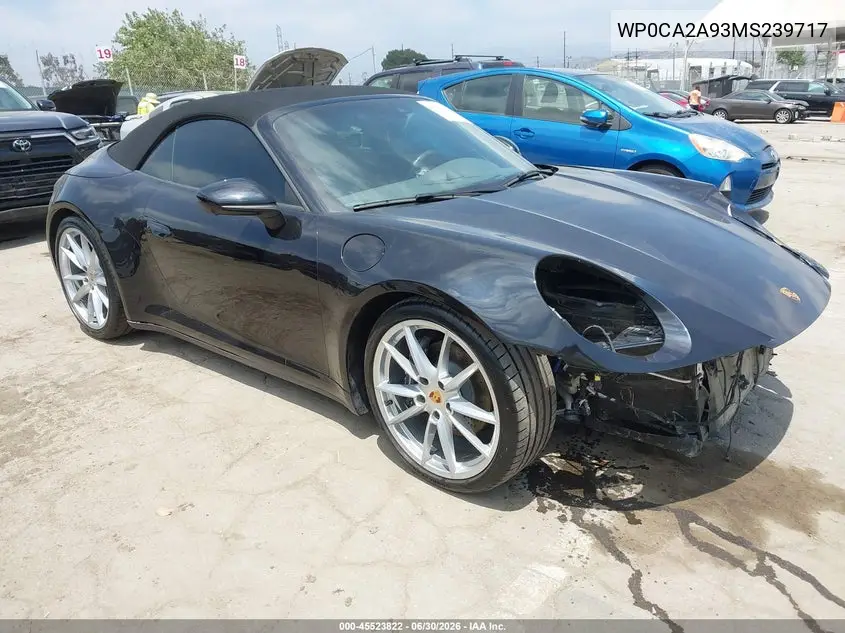 2021 Porsche 911 VIN: WP0CA2A93MS239717 Lot: 45523822