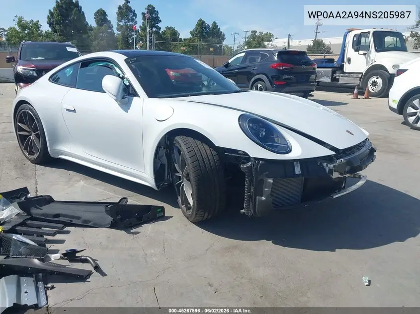 2022 Porsche 911 Carrera/Carrera 4 VIN: WP0AA2A94NS205987 Lot: 45267596