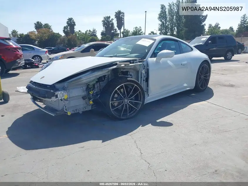 2022 Porsche 911 Carrera/Carrera 4 VIN: WP0AA2A94NS205987 Lot: 45267596