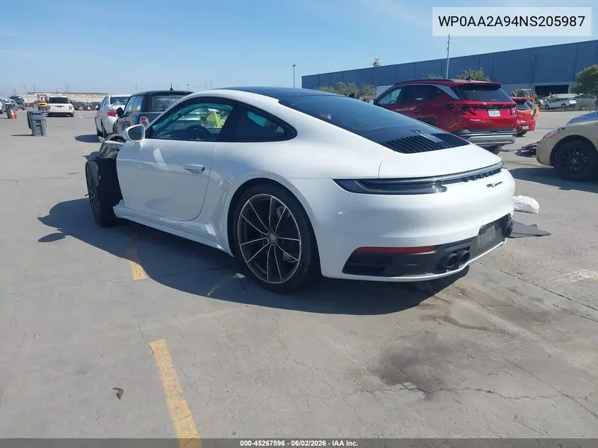 2022 Porsche 911 Carrera/Carrera 4 VIN: WP0AA2A94NS205987 Lot: 45267596
