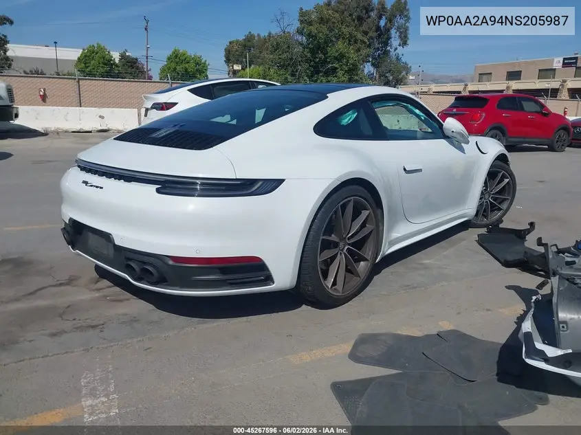 2022 Porsche 911 Carrera/Carrera 4 VIN: WP0AA2A94NS205987 Lot: 45267596