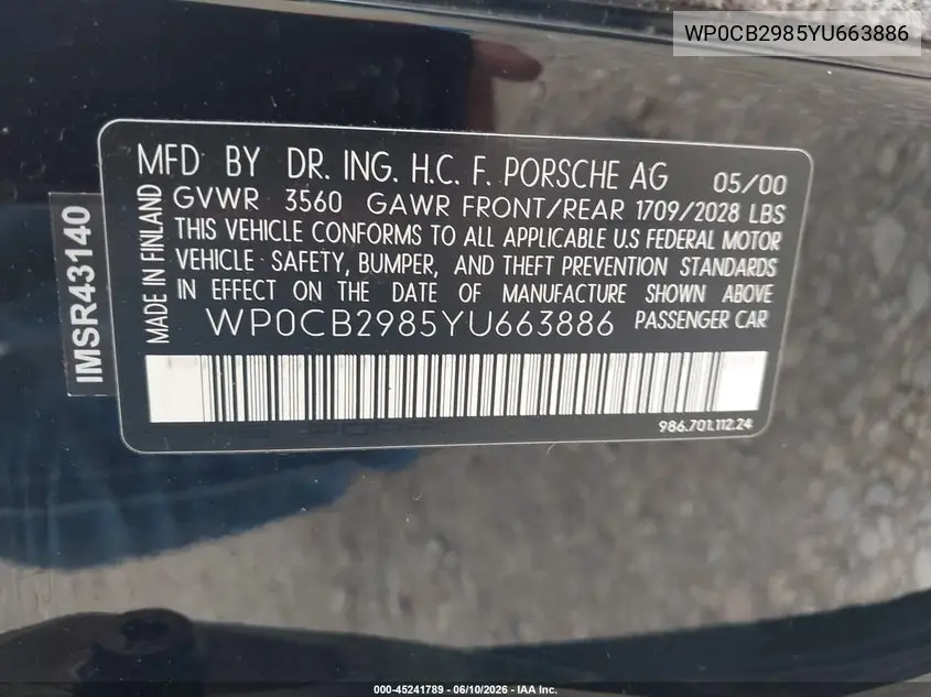 2000 Porsche Boxster S VIN: WP0CB2985YU663886 Lot: 45241789