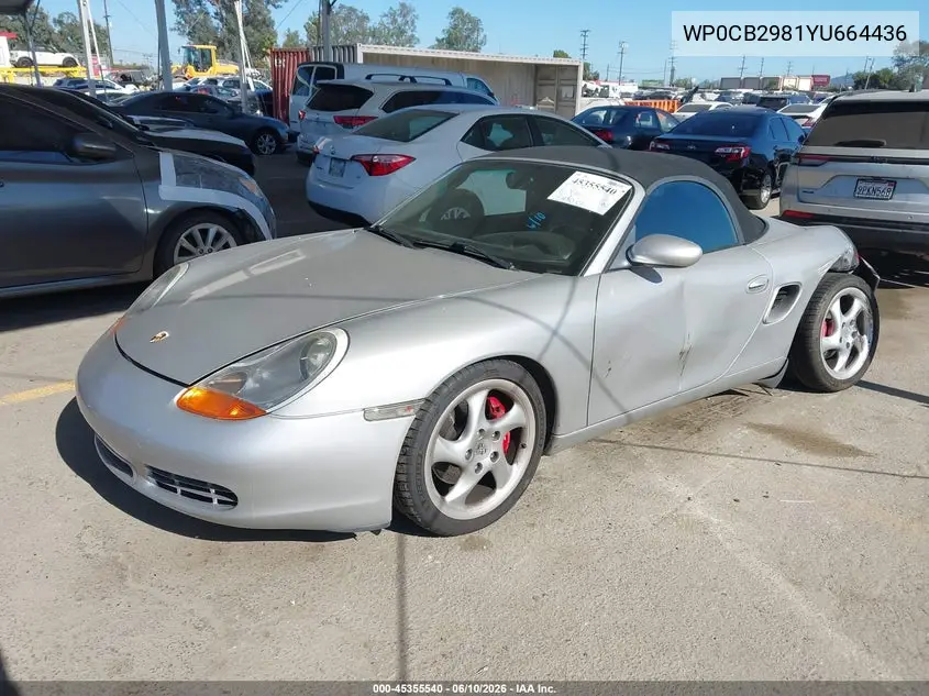 2000 Porsche Boxster S VIN: WP0CB2981YU664436 Lot: 45355540