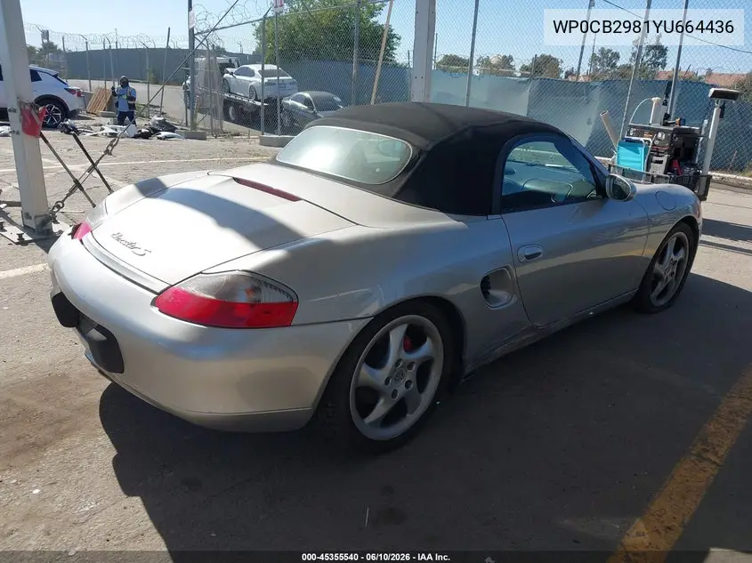 2000 Porsche Boxster S VIN: WP0CB2981YU664436 Lot: 45355540