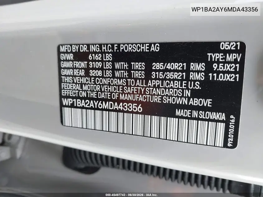 2021 Porsche Cayenne Coupe VIN: WP1BA2AY6MDA43356 Lot: 45497743