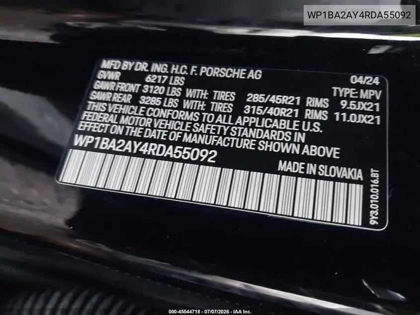 2024 Porsche Cayenne Coupe VIN: WP1BA2AY4RDA55092 Lot: 45544718
