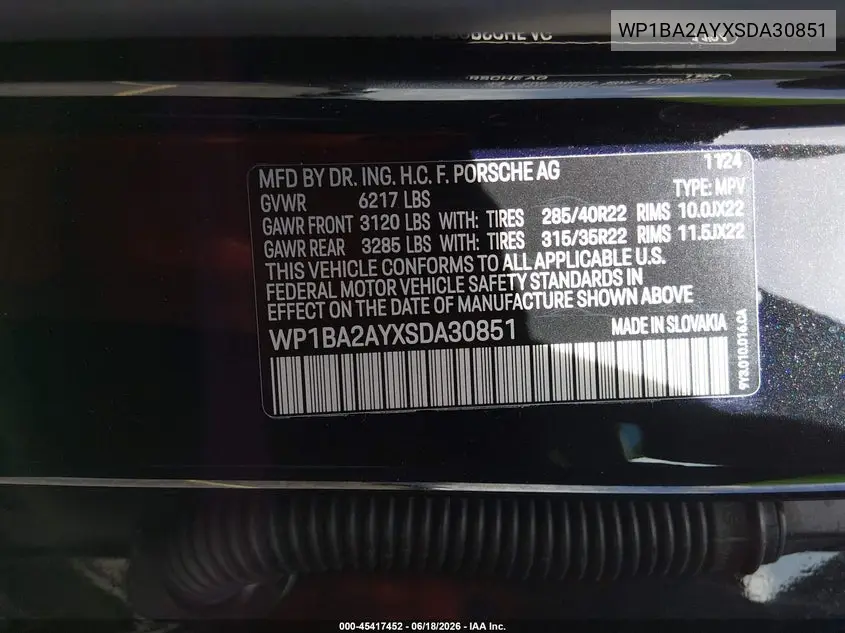 2025 Porsche Cayenne Coupe VIN: WP1BA2AYXSDA30851 Lot: 45417452