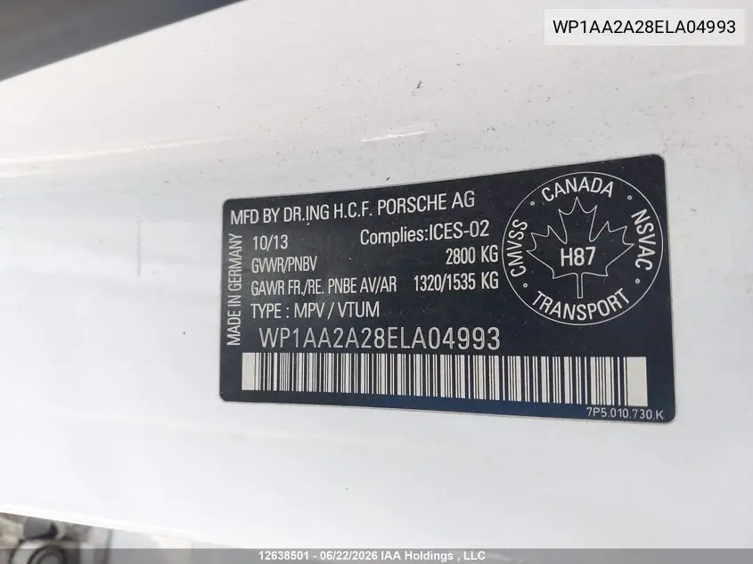 2014 Porsche Cayenne Platinum Edition VIN: WP1AA2A28ELA04993 Lot: 12638501x