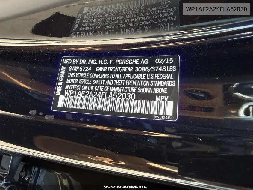 2015 Porsche Cayenne E-Hybrid S VIN: WP1AE2A24FLA52030 Lot: 45601496