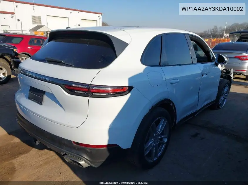 2019 Porsche Cayenne VIN: WP1AA2AY3KDA10002 Lot: 44343327