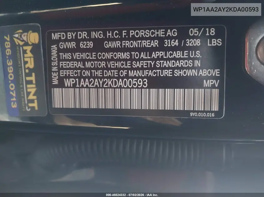 2019 Porsche Cayenne VIN: WP1AA2AY2KDA00593 Lot: 45524332