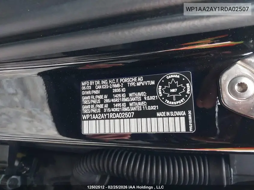 2024 Porsche Cayenne VIN: WP1AA2AY1RDA02507 Lot: 12502512