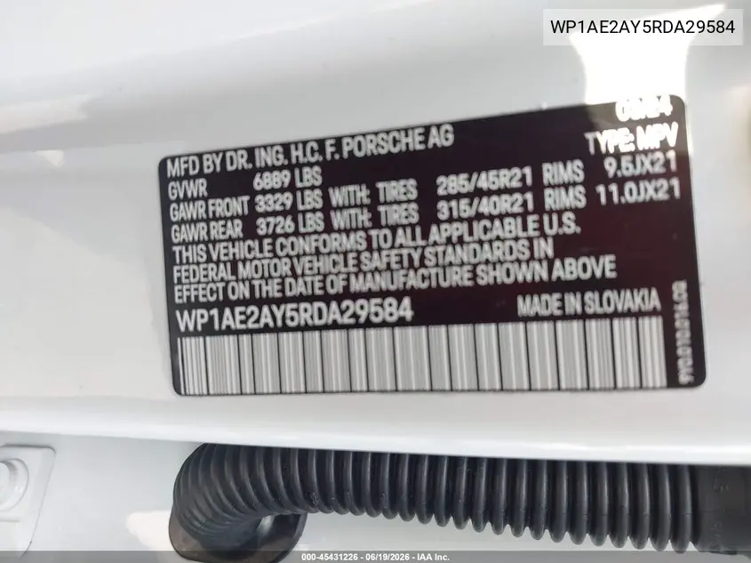 2024 Porsche Cayenne E-Hybrid VIN: WP1AE2AY5RDA29584 Lot: 45431226