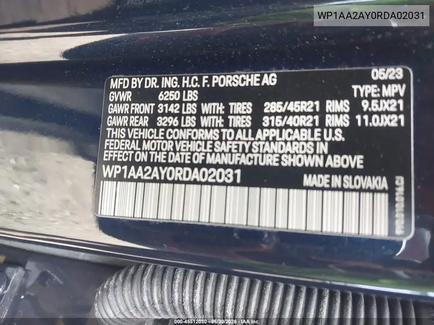 2024 Porsche Cayenne VIN: WP1AA2AY0RDA02031 Lot: 45512030