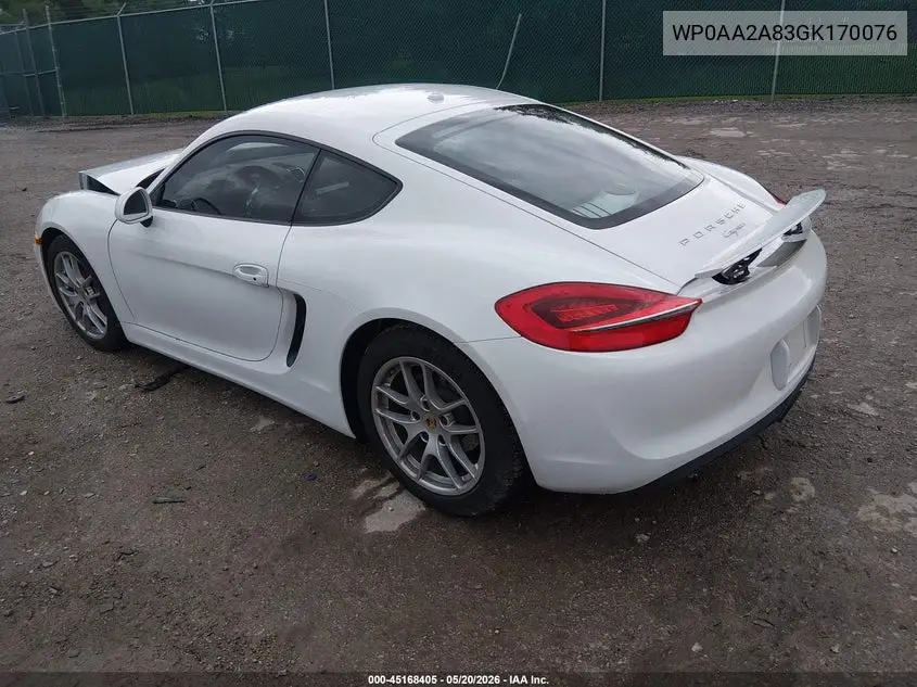 2016 Porsche Cayman VIN: WP0AA2A83GK170076 Lot: 45168405