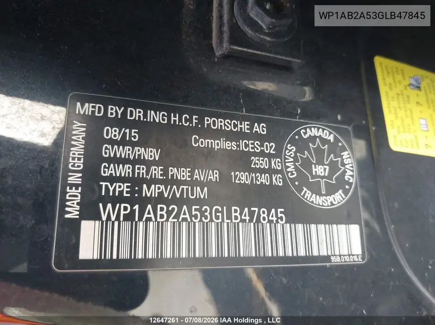 2016 Porsche Macan S VIN: WP1AB2A53GLB47845 Lot: 12647261
