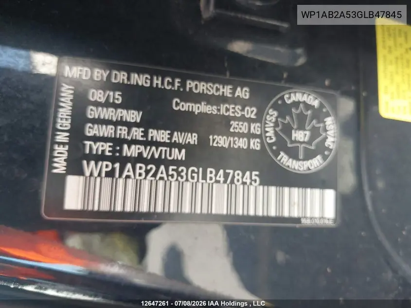 2016 Porsche Macan S VIN: WP1AB2A53GLB47845 Lot: 12647261