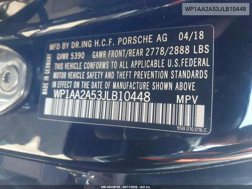 2018 Porsche Macan VIN: WP1AA2A53JLB10448 Lot: 45336705