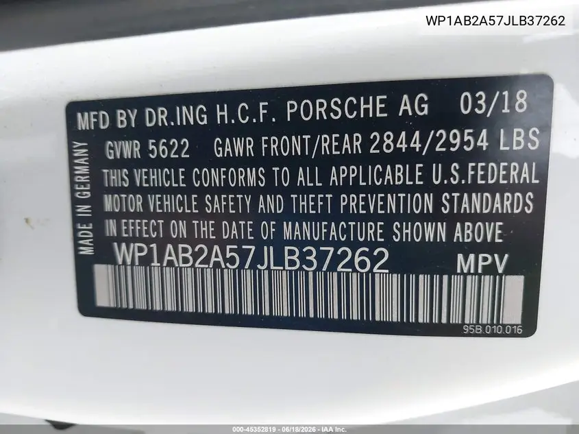 2018 Porsche Macan S VIN: WP1AB2A57JLB37262 Lot: 45352819