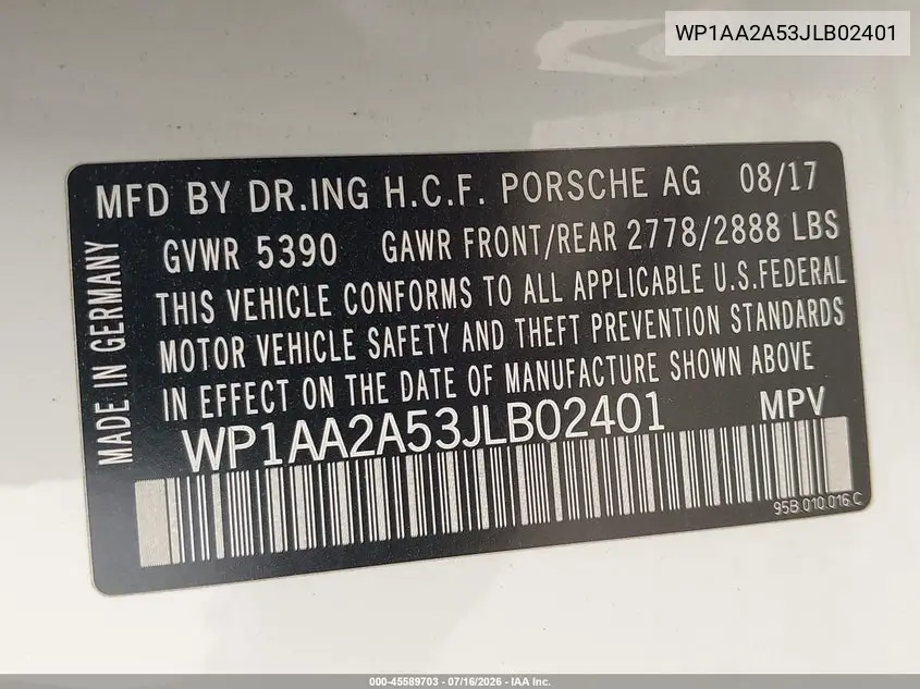 2018 Porsche Macan VIN: WP1AA2A53JLB02401 Lot: 45589703